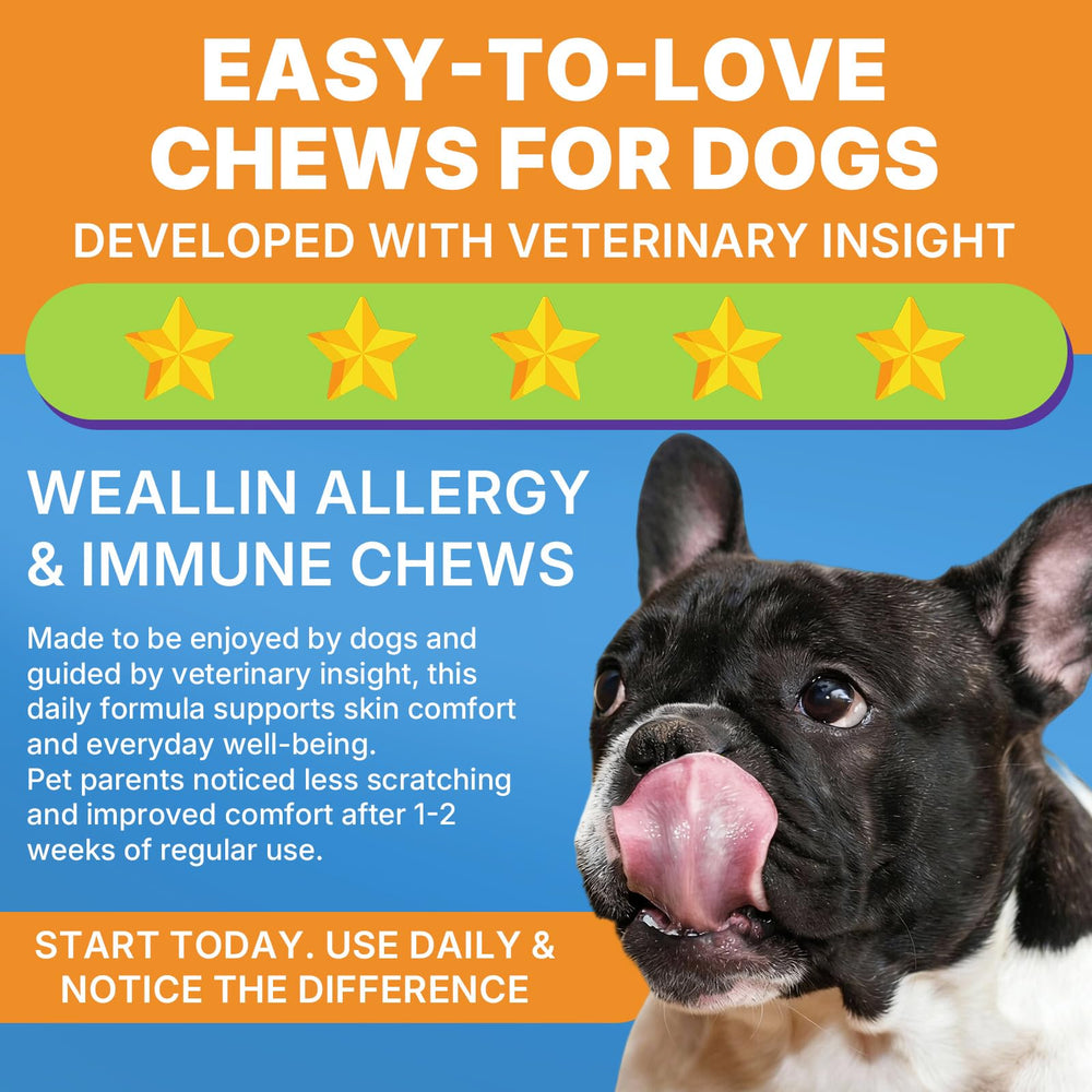 WEALLIN Dog Allergy Relief Chews bottle with ingredients chart showing omega-3 and anti-itch benefits.