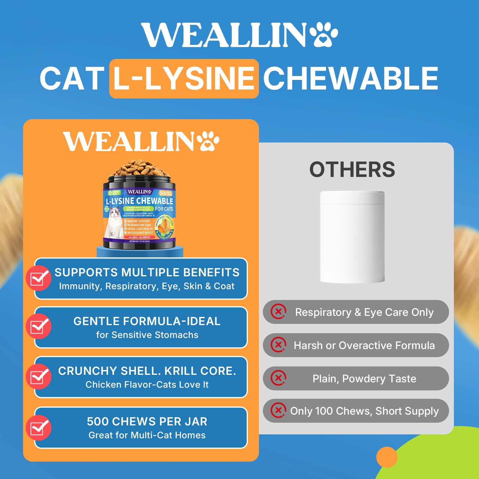 WEALLIN L-Lysine chews bottle shows dosage guidance for steady support