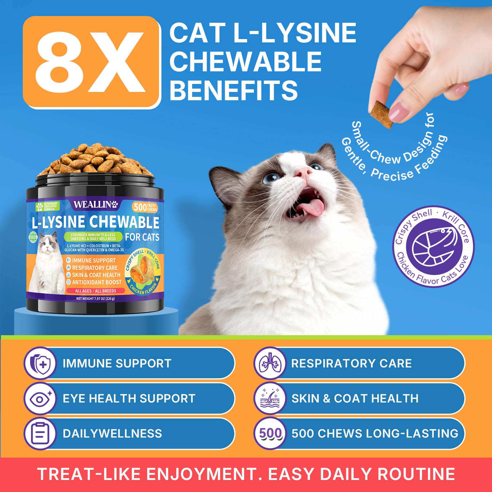 WEALLIN L-Lysine chews crisp-shell detail highlights crunchy texture for picky cats