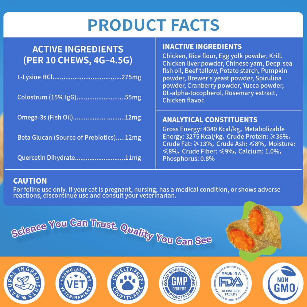 WEALLIN L-Lysine chews ingredient graphic suggests omega-3s and colostrum synergy