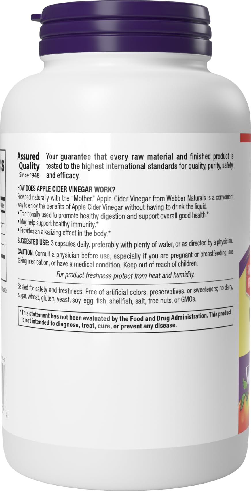 Side view of Webber Naturals packaging showing quality seals and copy