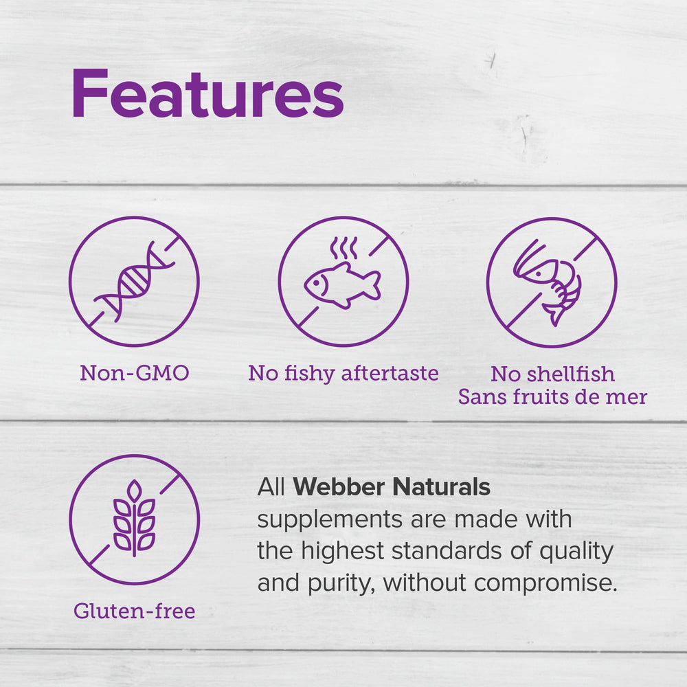 Webber Naturals Fish Oil bottle back view, purity testing and safety standards.