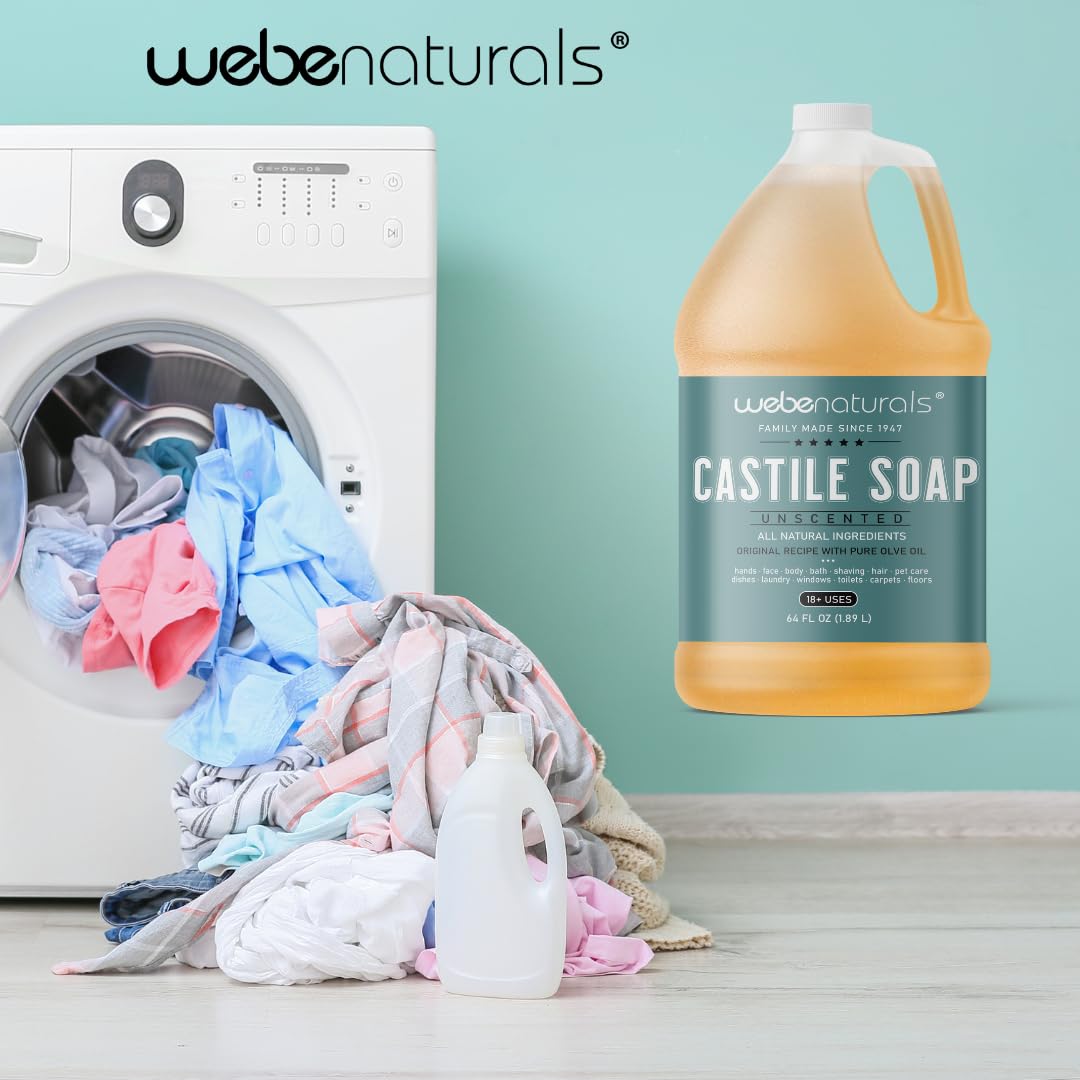 WEBE Unscented Castile soap bottle ready for skin wash in shower.