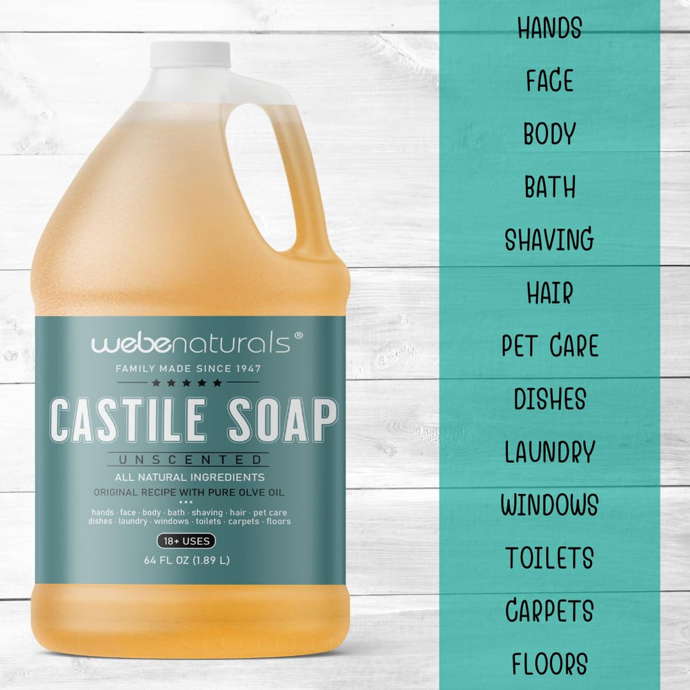 WEBE Castile soap in kitchen setup for versatile dish and surface use.