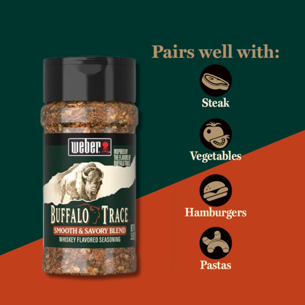 Weber Buffalo Trace seasoning on grill with sizzling meats