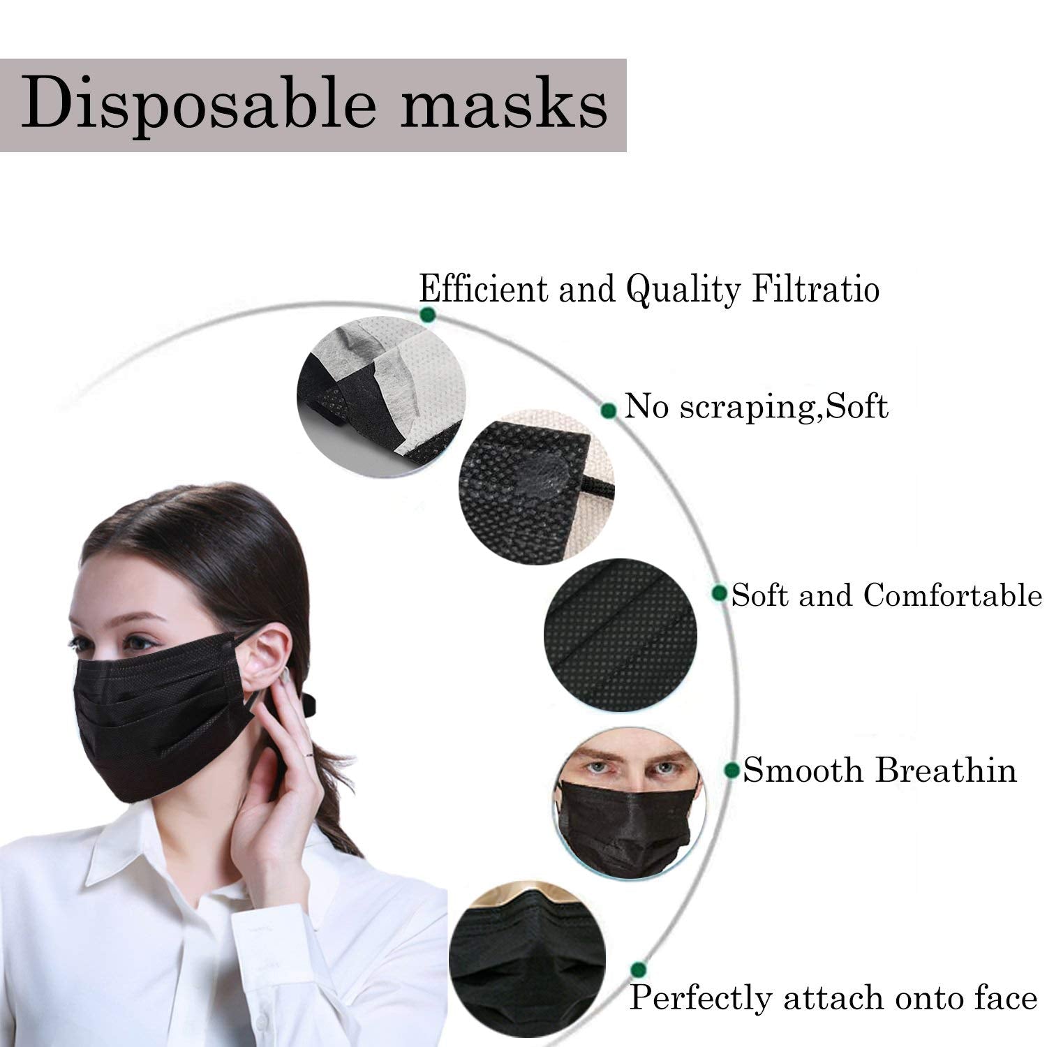 WeColor black face mask with elastic ear loops for long-lasting comfort.