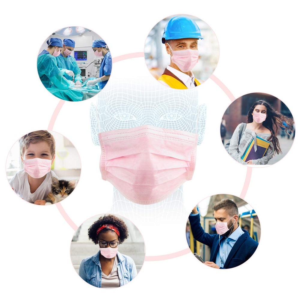 WeColor pink mask packaging ideal for home, school, office, and outdoor use