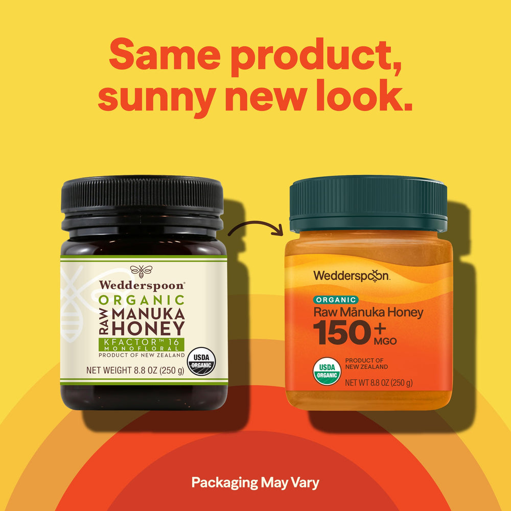 Creamy Wedderspoon honey texture shown on a spoon for easy drizzle