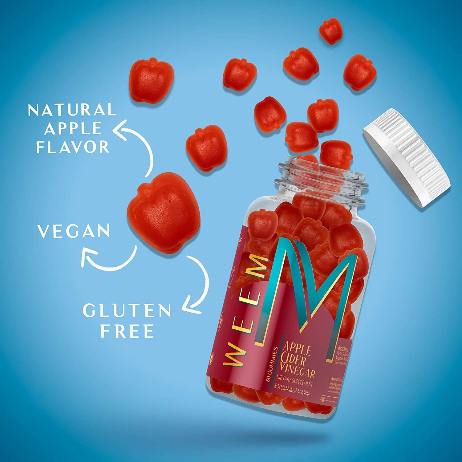 WEEM Apple Cider Vinegar Gummies daily chew shown with water for digestion-friendly routine