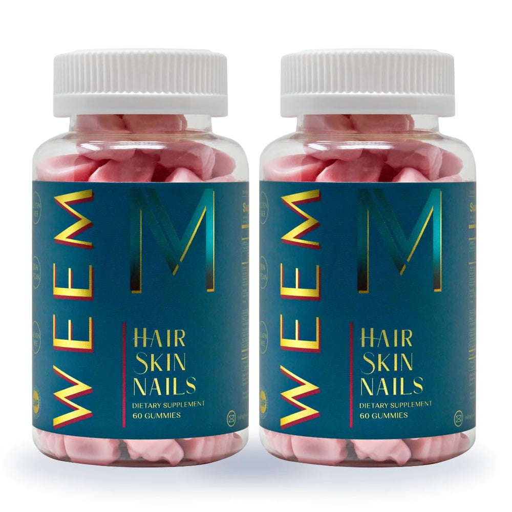 WEEM gummies bottle front showing vegan biotin support for hair, nails, and skin.