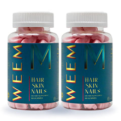 WEEM gummies bottle front showing vegan biotin support for hair, nails, and skin.