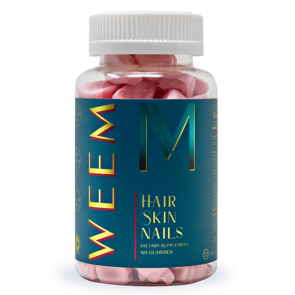 WEEM Hair Skin Nails Gummies bottle showing vegan formula for beauty support.