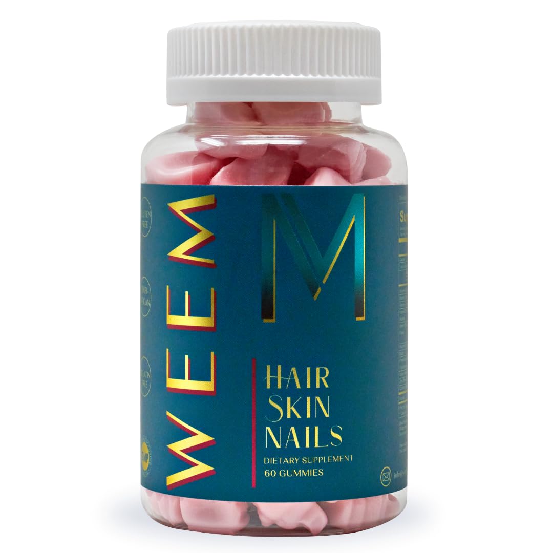 WEEM Hair Skin Nails Gummies bottle showing vegan formula for beauty support.