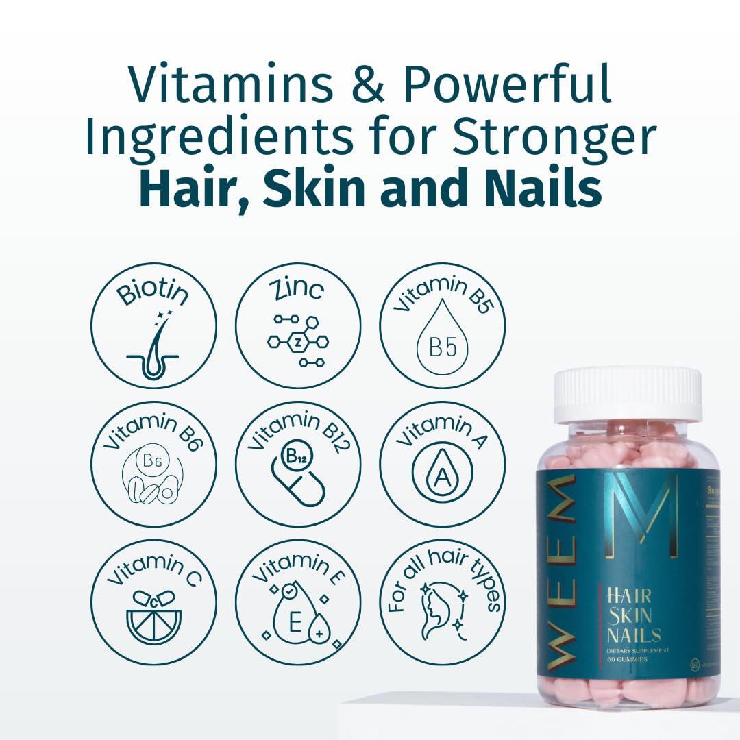 WEEM packaging highlights vegan biotin blend and essential vitamins.