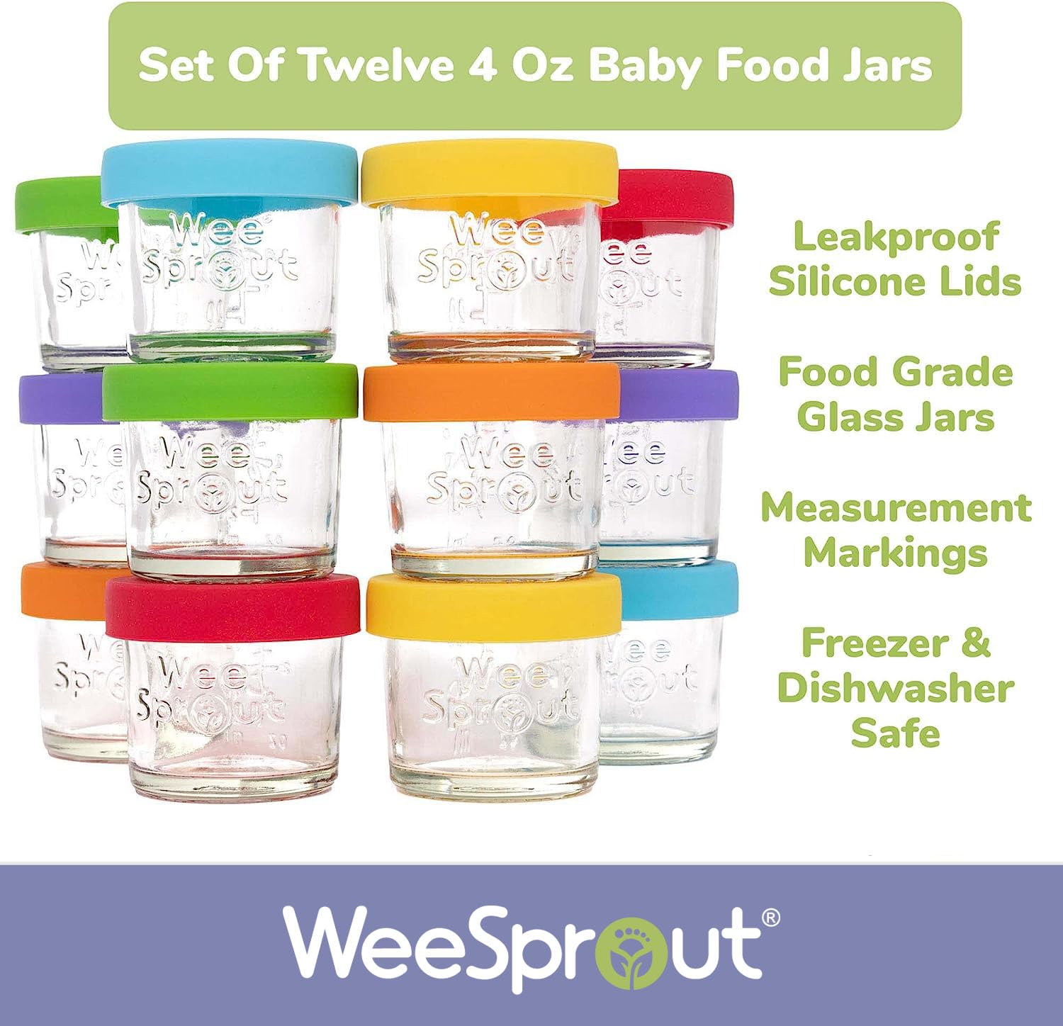 WeeSprout fridge storage scene shows organized meal prep with glass jars.