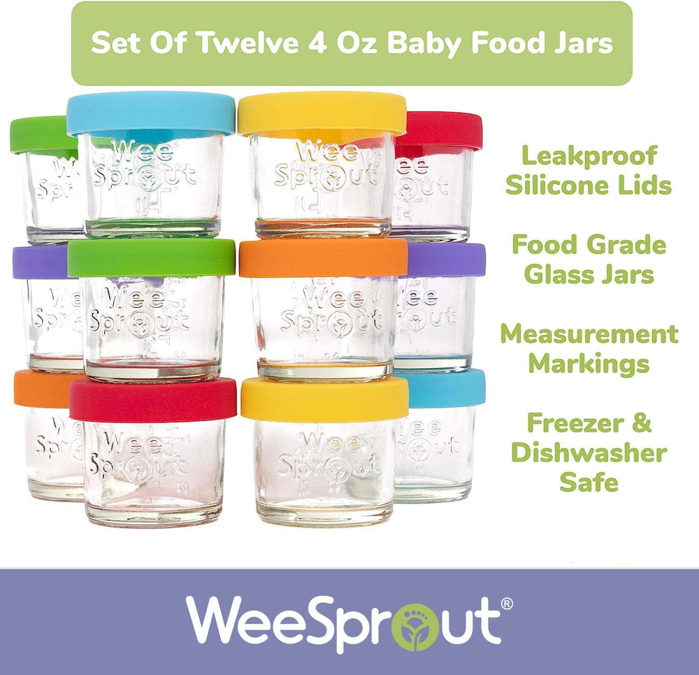 WeeSprout fridge storage scene shows organized meal prep with glass jars.