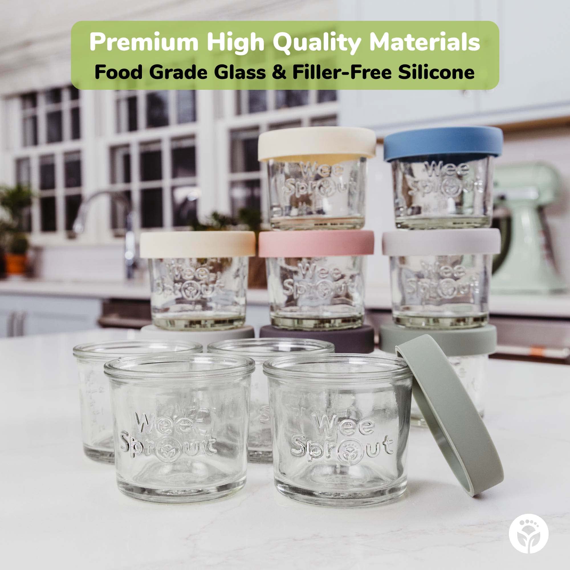 WeeSprout jars show matte color lids for secure, leak-free storage.