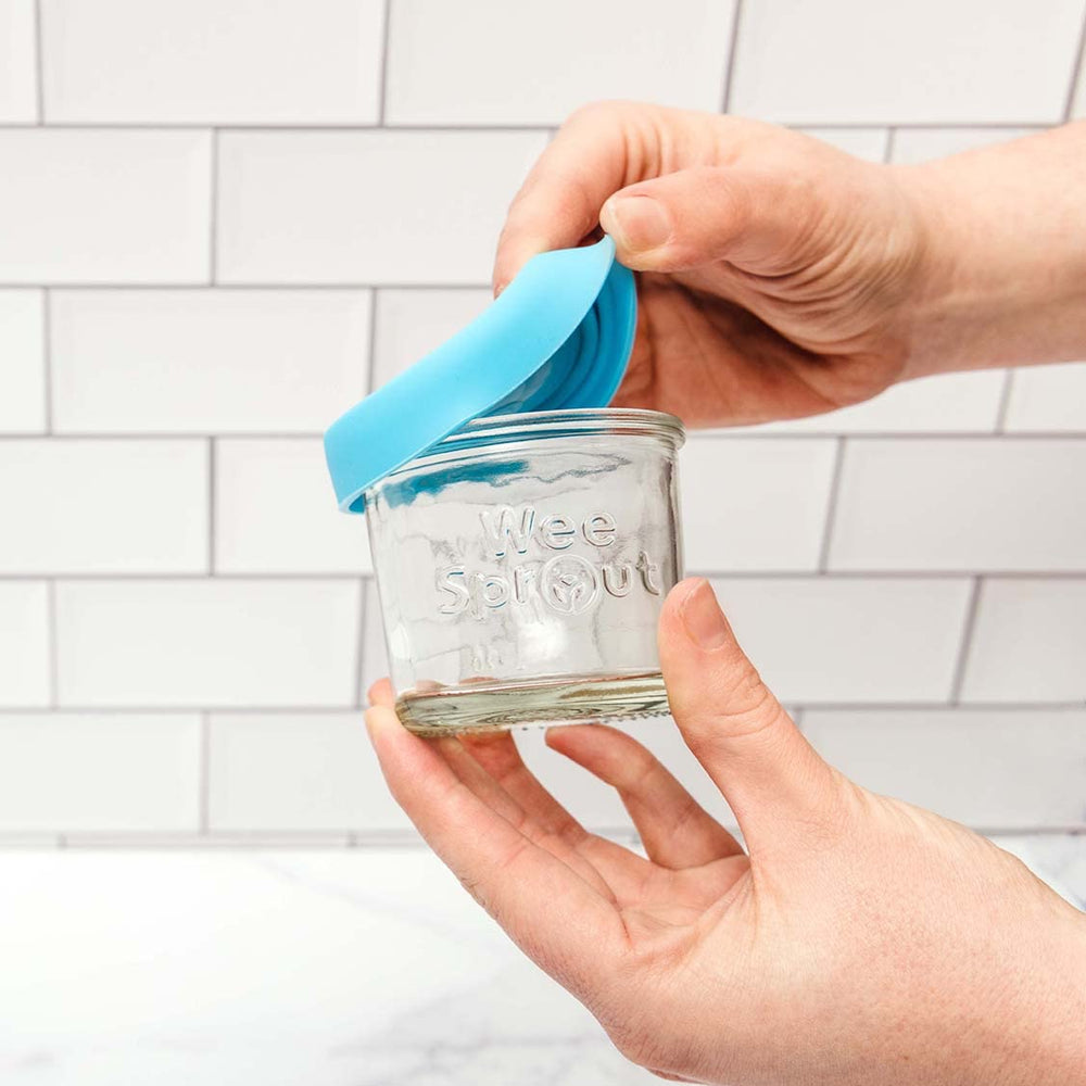 WeeSprout 4oz jars feature embossed measurement markers for precise portions.
