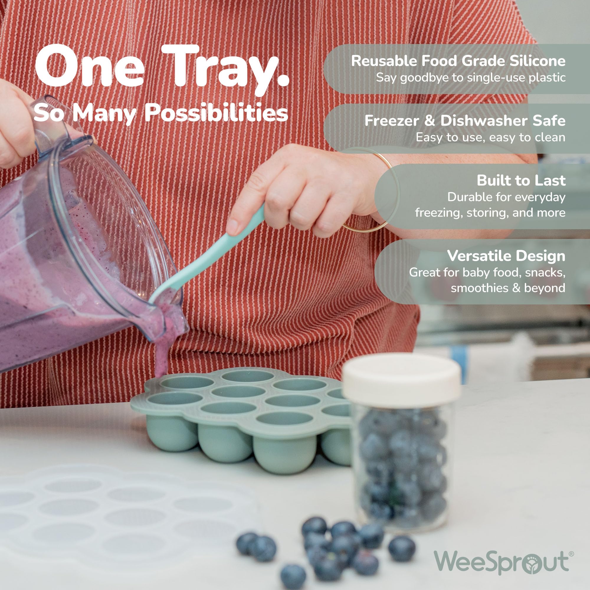 WeeSprout reinforced-bottom tray stacks securely in the freezer