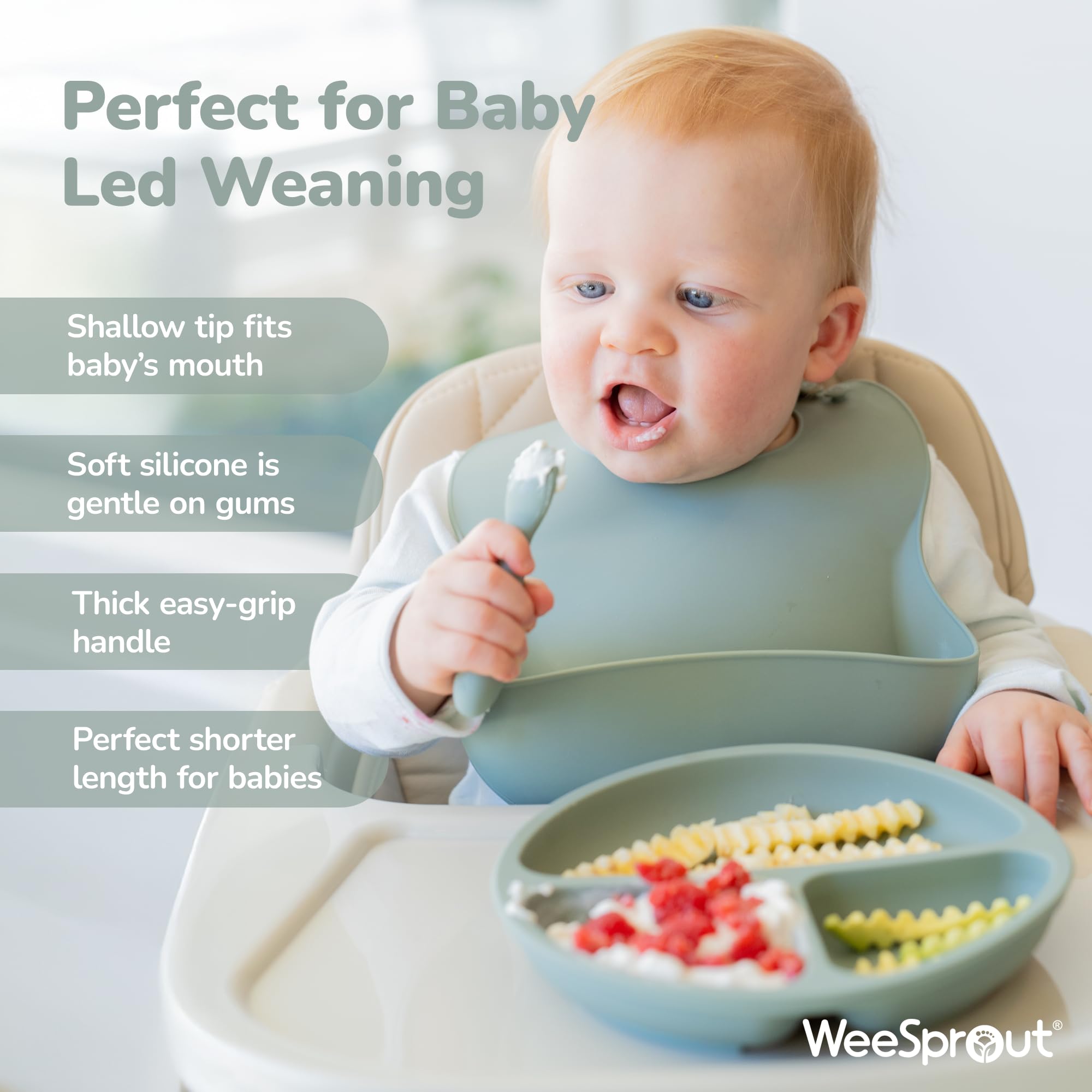 WeeSprout soft silicone spoons gentle on gums during meals.