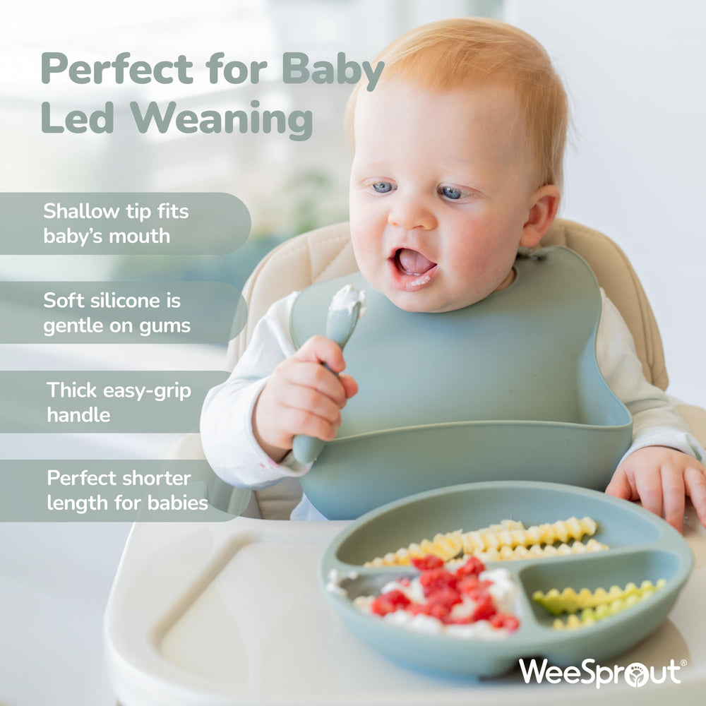 WeeSprout soft silicone spoons gentle on gums during meals.