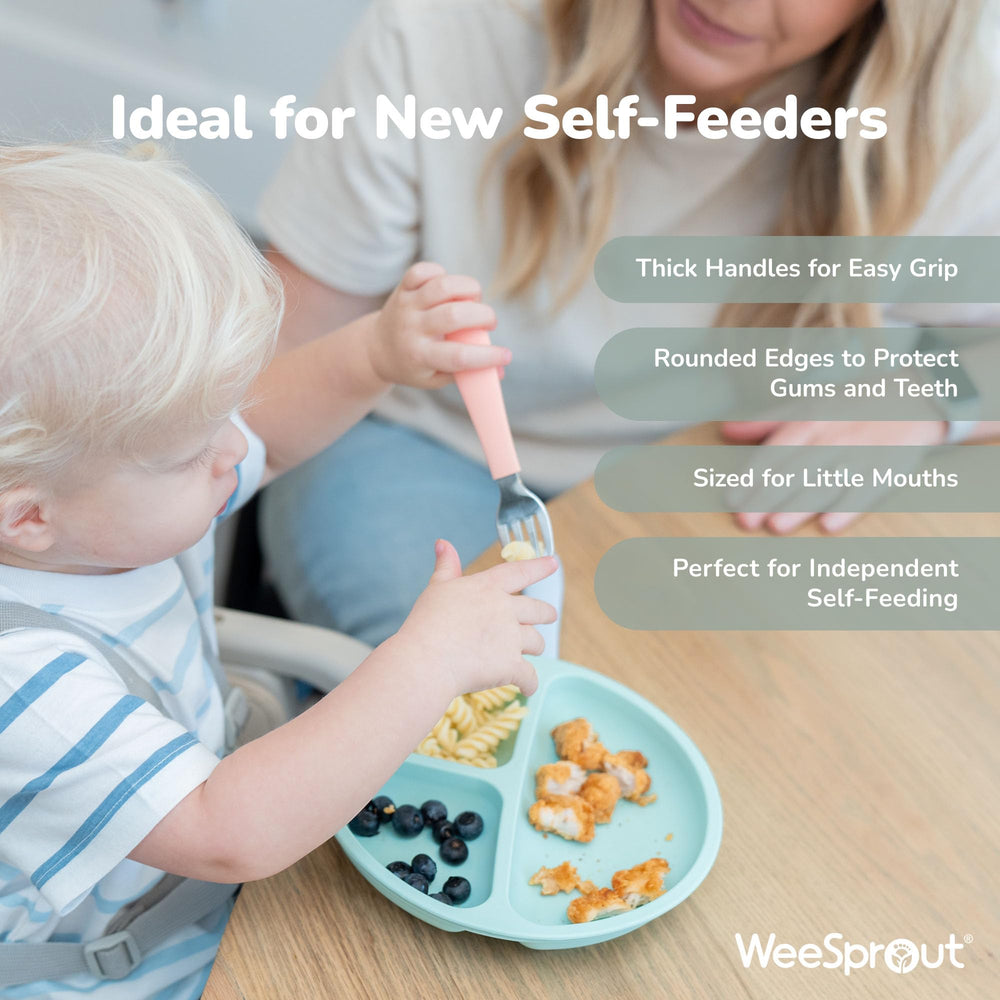 WeeSprout 18/8 stainless steel core mirrors adult flatware for a familiar feel.