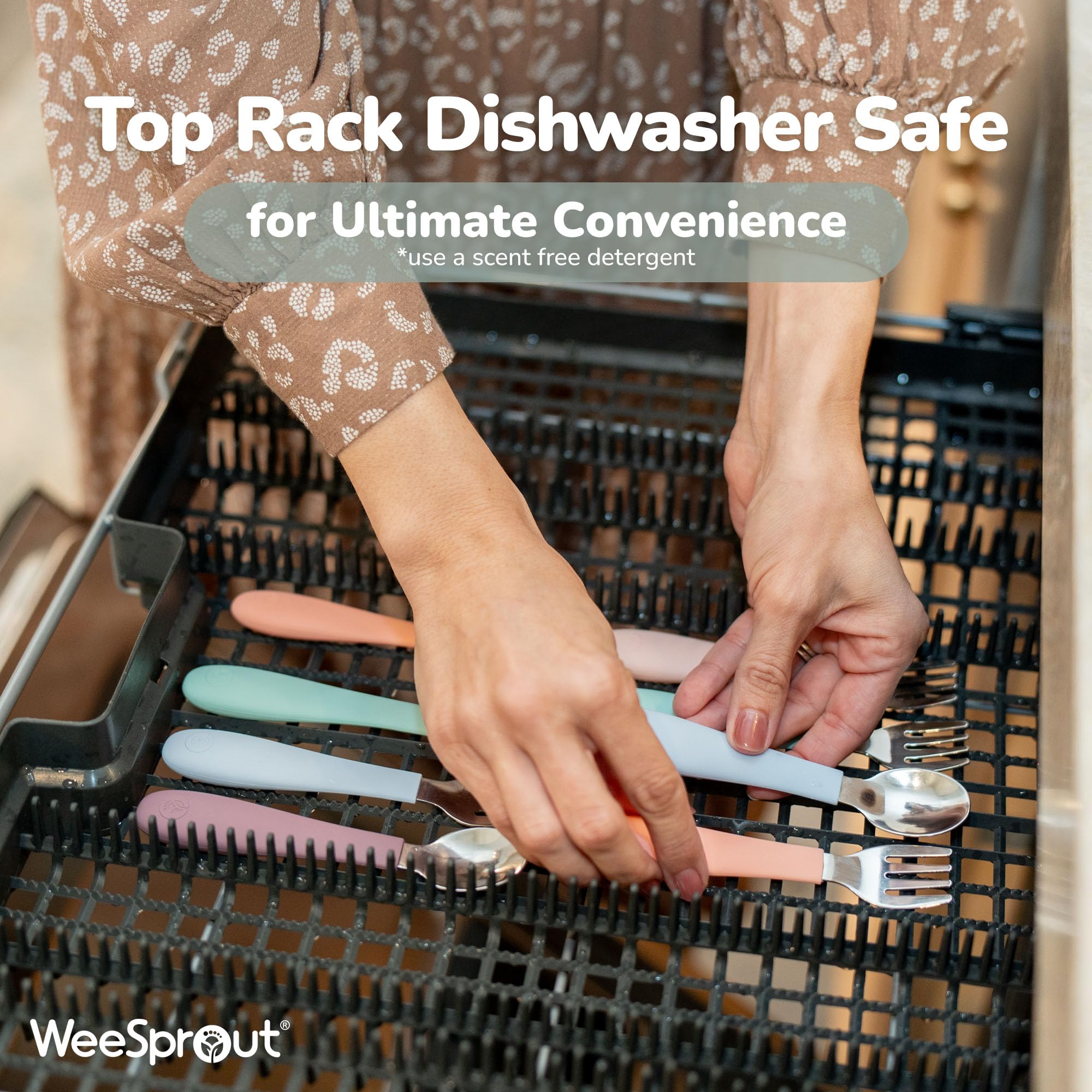 WeeSprout utensils are dishwasher-safe for quick cleanup after meals.