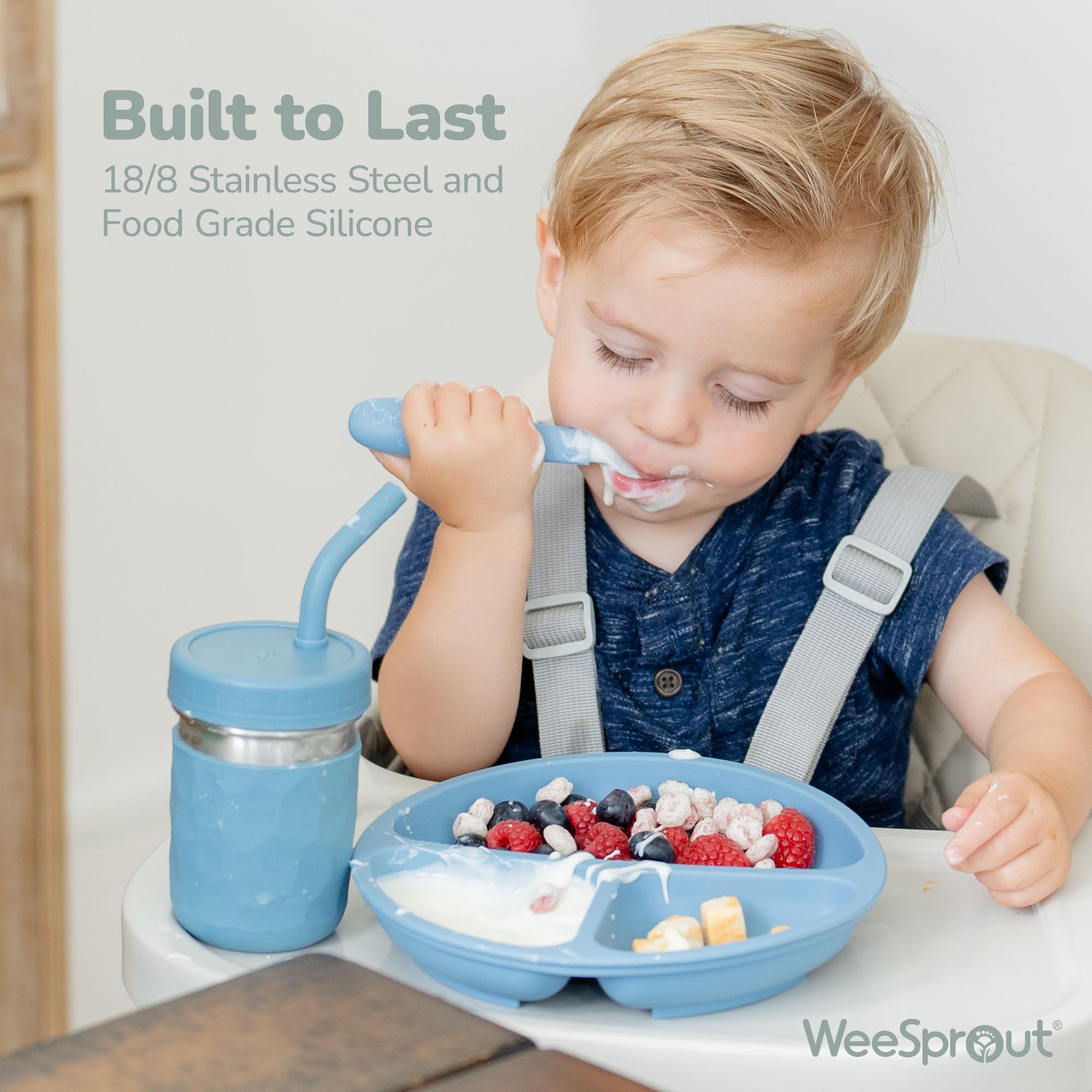 WeeSprout perfect-length utensils prevent over-insertion and support self-feeding independence.