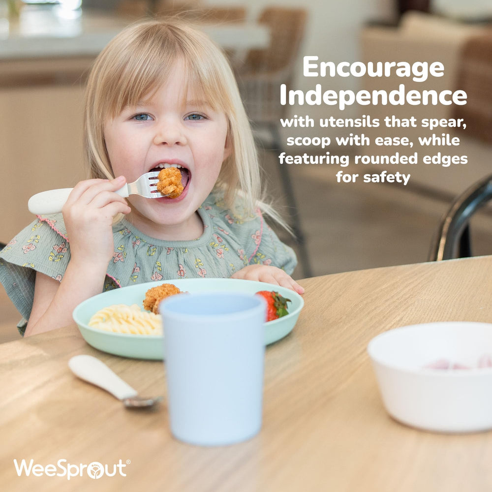 WeeSprout toddler forks with gentle rounded tines protect tender gums during meals.