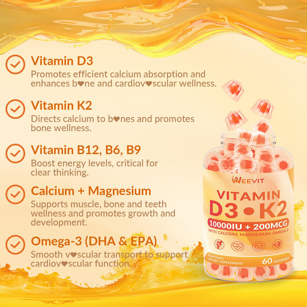 Ingredients label on WEEVIT D3 K2 gummies highlighting calcium, magnesium, omega-3