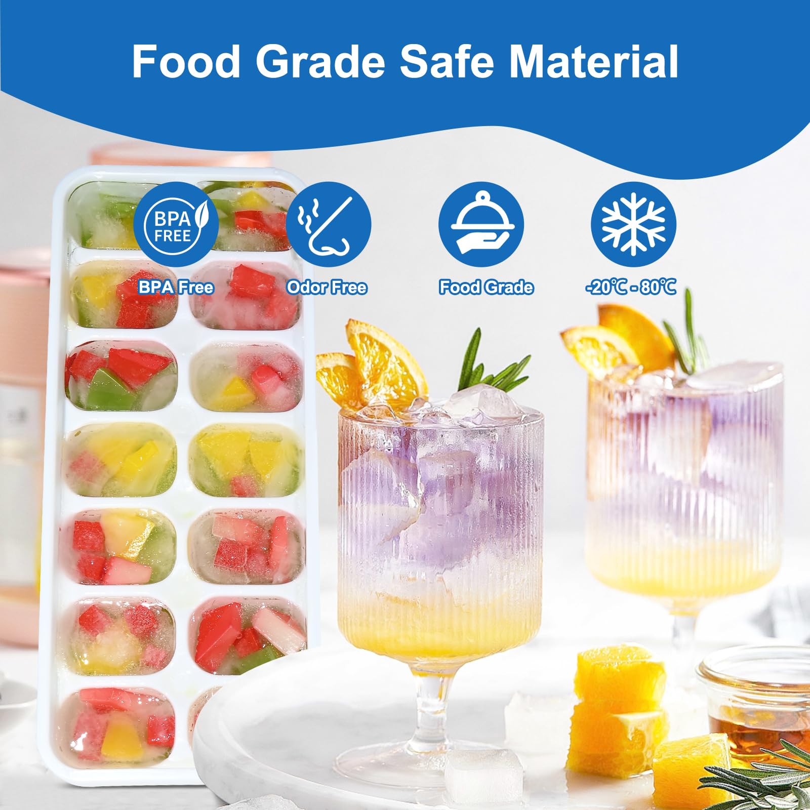 Weftnom BPA-free odor-free ice cube tray keeps cubes pure and fresh in the freezer.