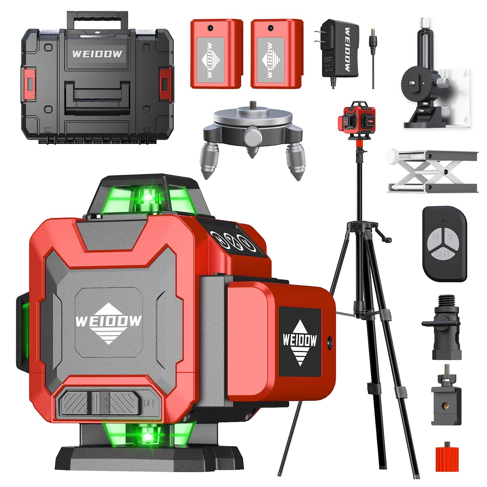 WEIDDW laser level self-leveling with green 4D lines for precise indoor alignment.