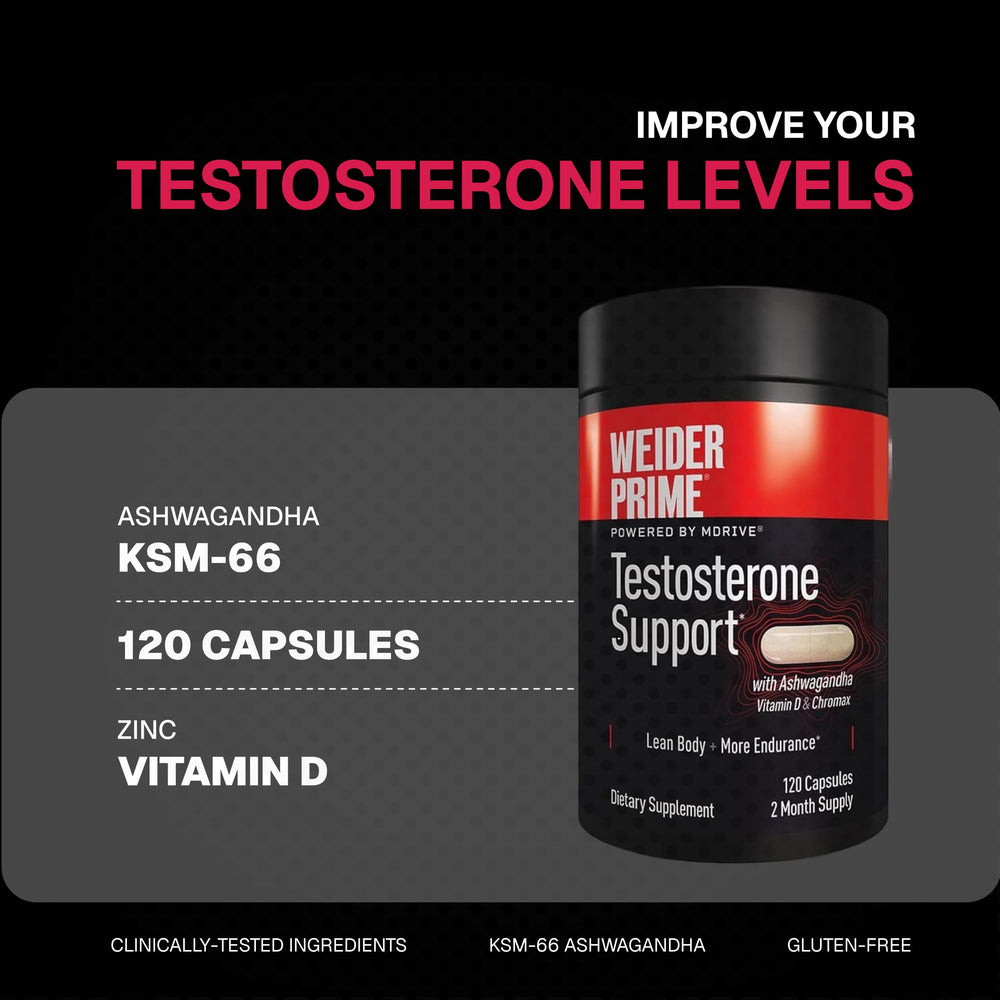 Weider Prime features KSM-66 ashwagandha extract for balanced energy.