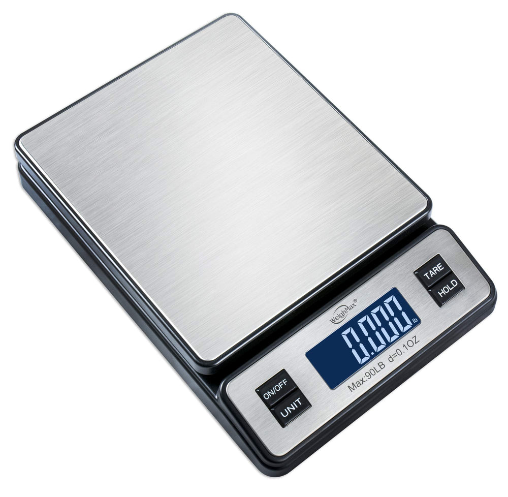 Weighmax W-2809 scale illustrating 90 lb capacity with 0.1 oz graduation