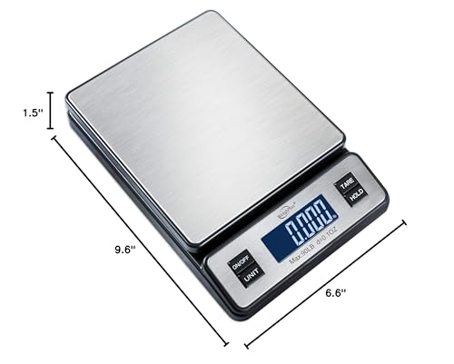 Weighmax W-2809 box with scale, AC adapter, USB cable, batteries, and manual