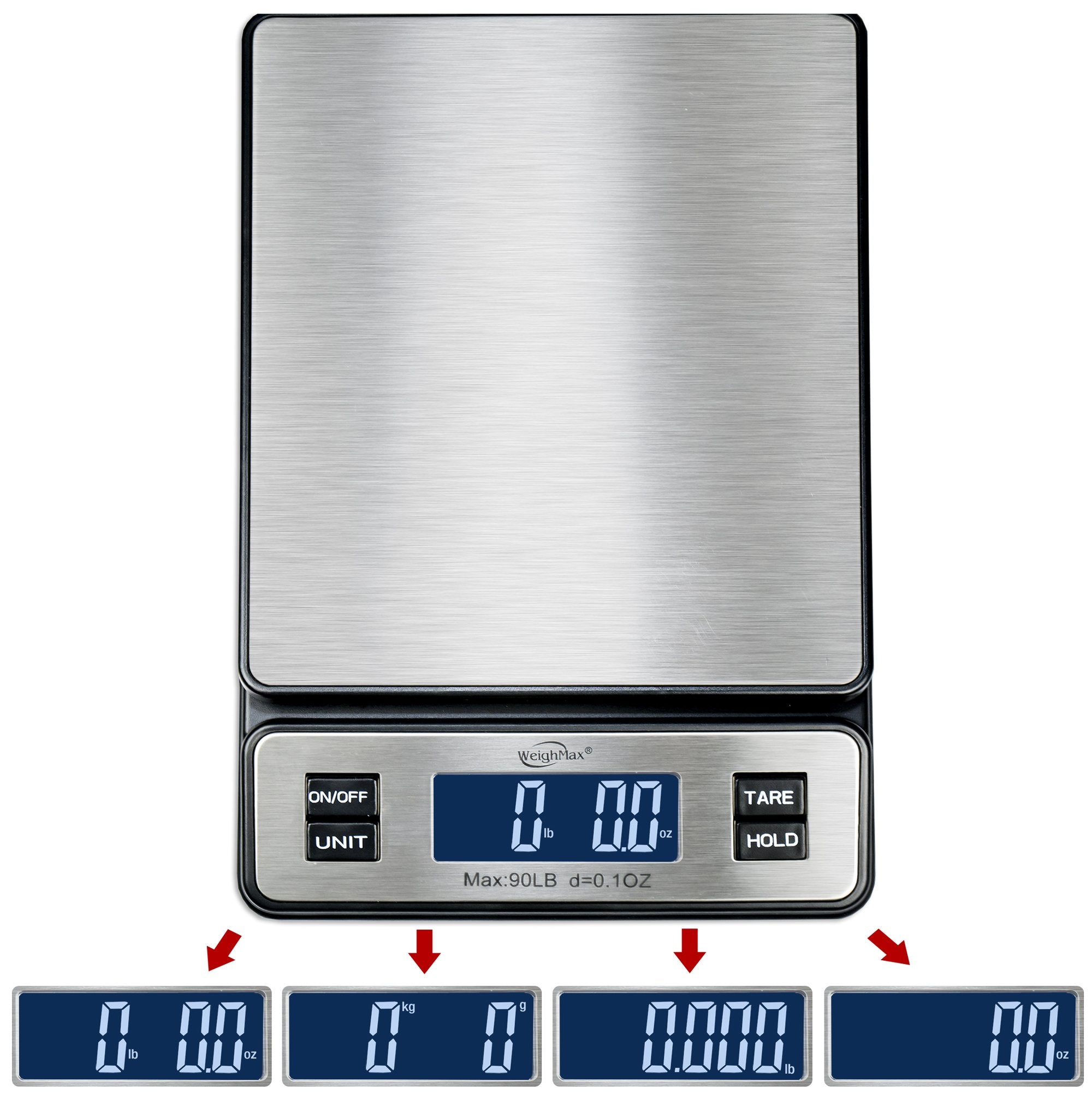 Weighmax W-2809 backlit LCD display showing four measurement units for versatility