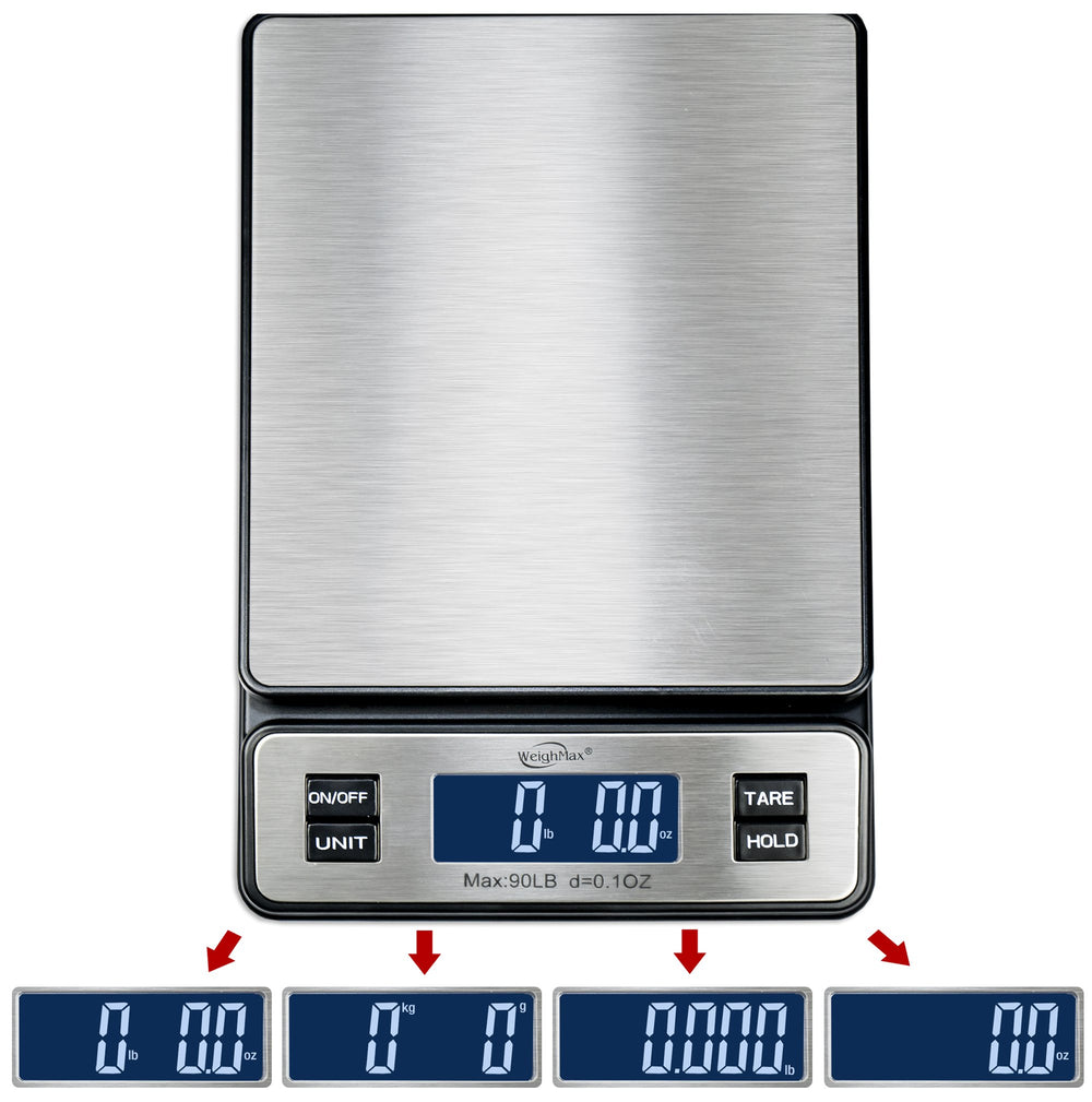 Weighmax W-2809 backlit LCD display showing four measurement units for versatility