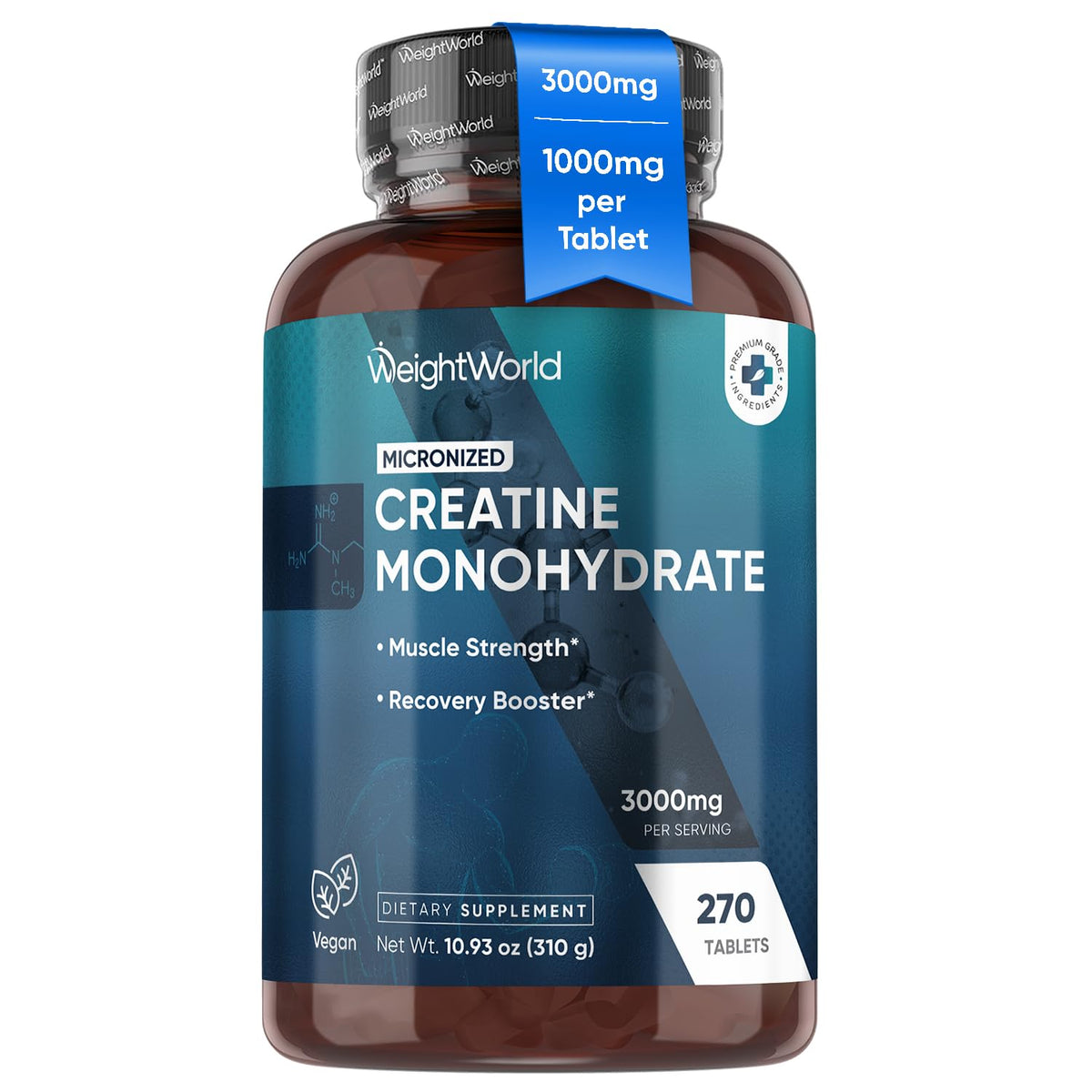 WeightWorld creatine monohydrate bottle shows a 3000mg daily dose for muscle support