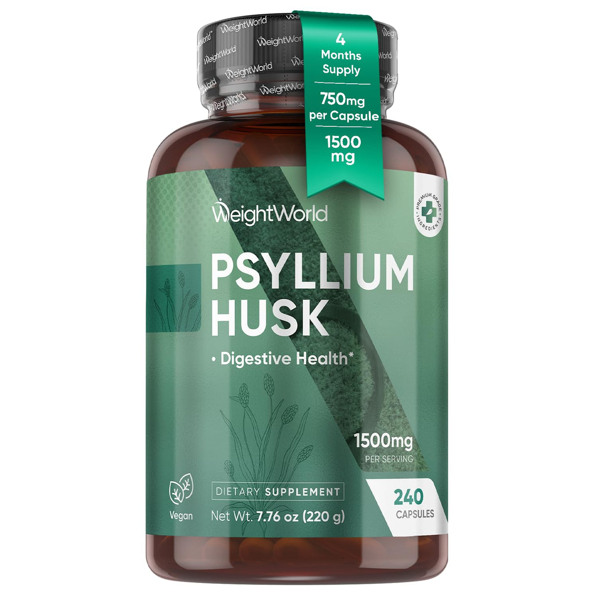 WeightWorld Psyllium Husk Capsules bottle on white background, easy daily fiber option.