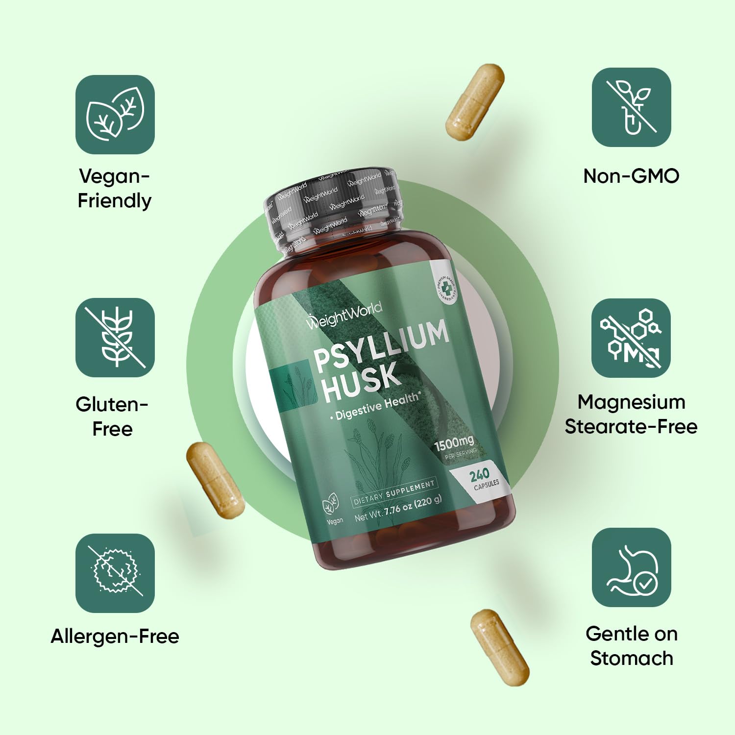 WeightWorld Psyllium Capsules spilling into a glass, fiber use concept.
