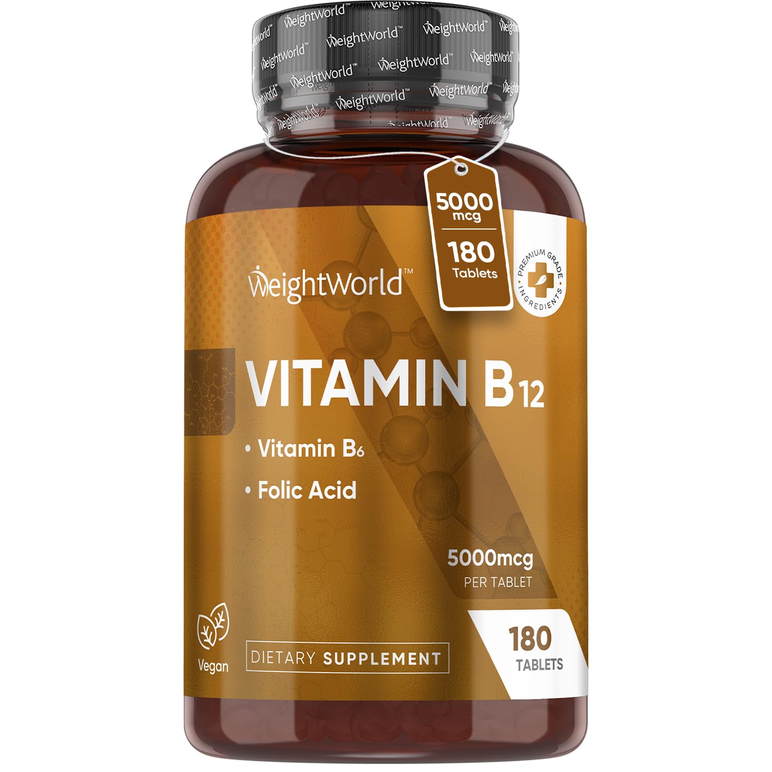 WeightWorld Vegan B12 5000mcg bottle front promoting daily energy support