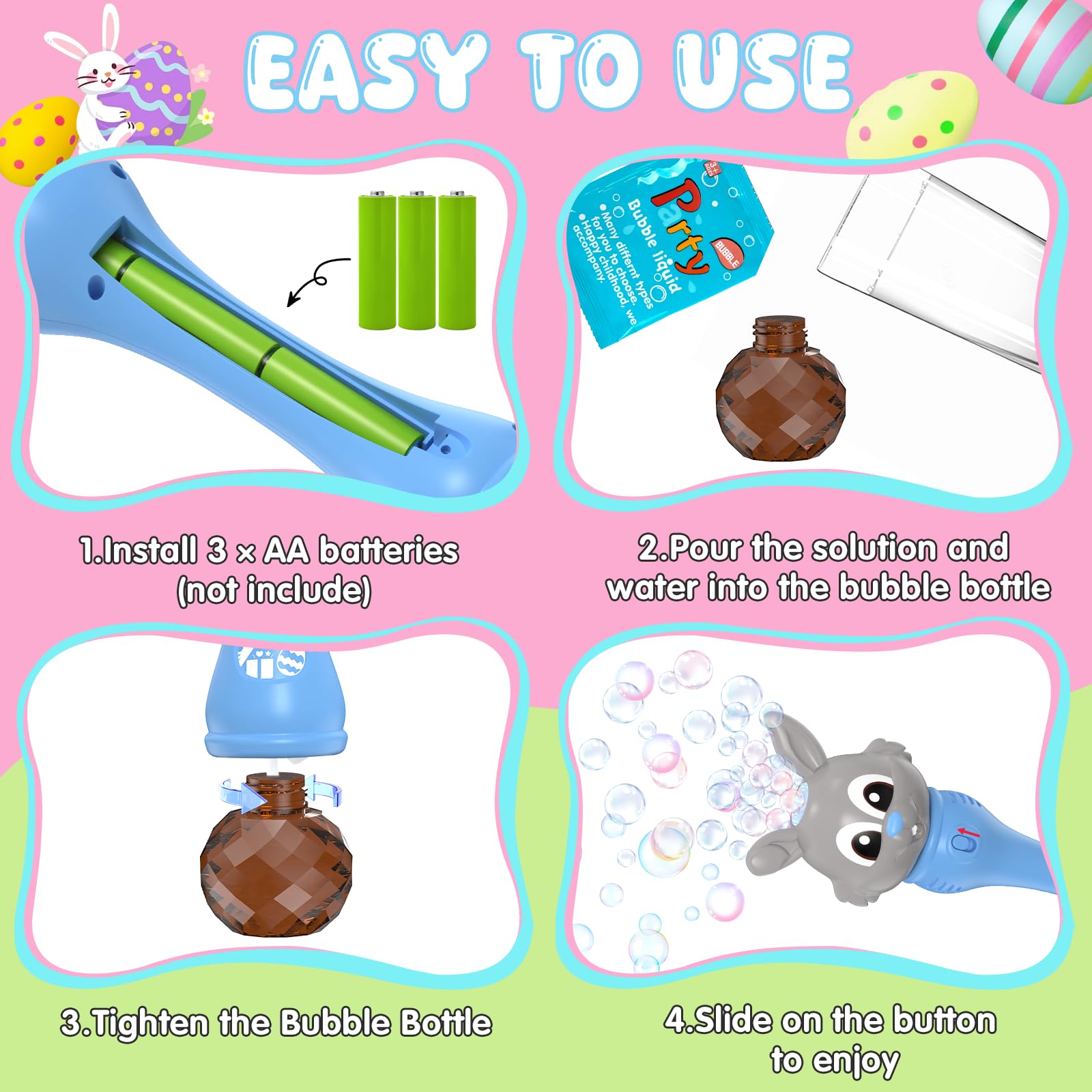 Weilim bunny bubble wand 360-degree leak-proof design minimizes spills during play.