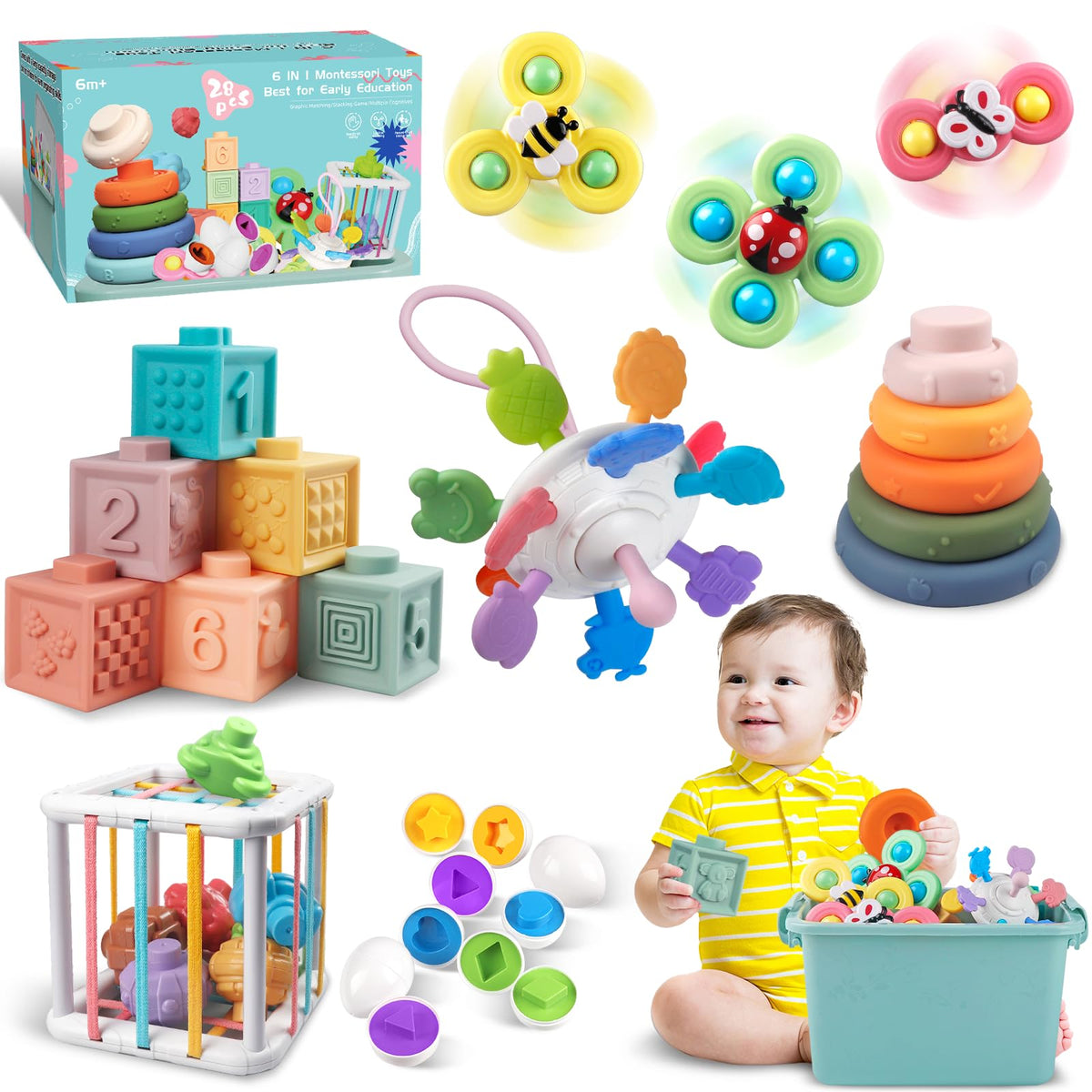 Weilim six-in-one baby toy set with safe silicone blocks for early learning.