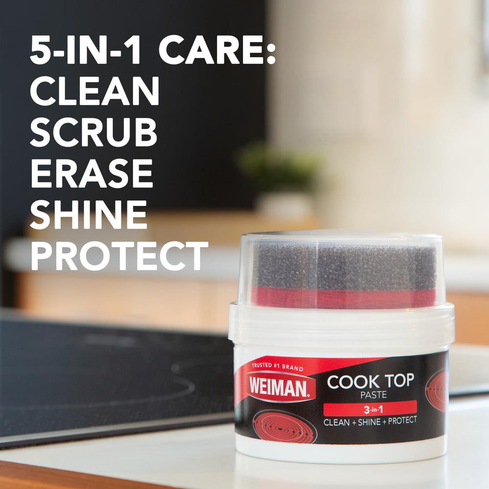 Weiman Cooktop Paste uses micro-bead action to scrub without scratches