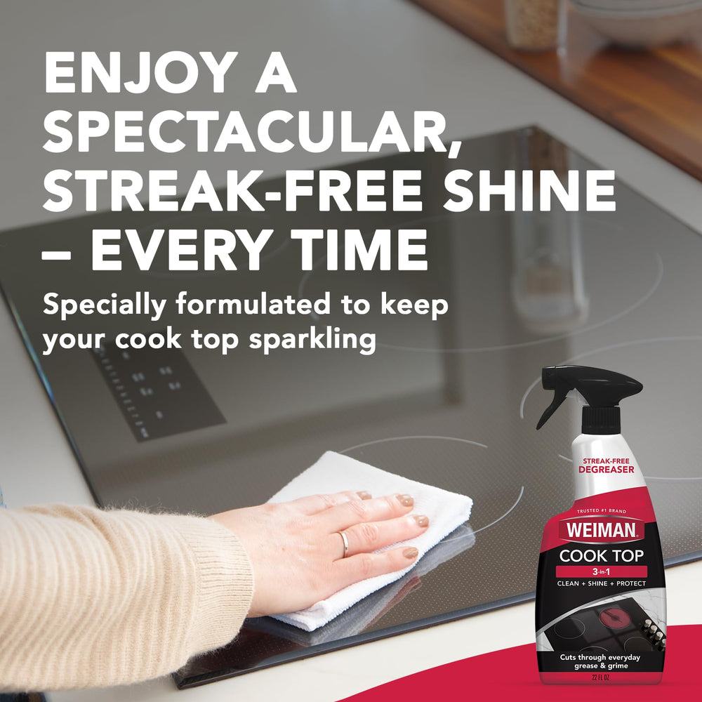 Weiman Cooktop Cleaner enhances stainless steel with bright, even shine