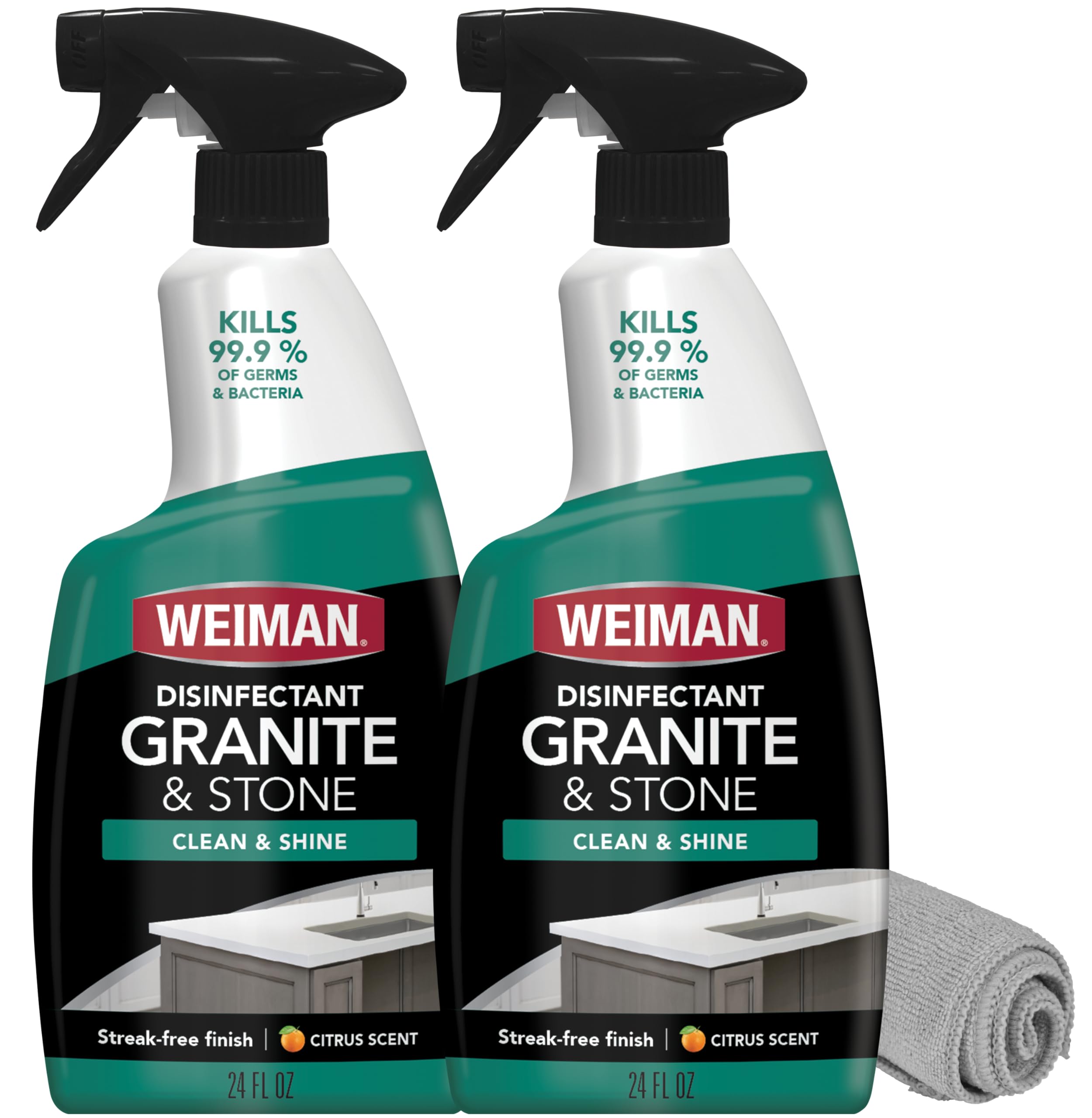 Weiman Granite Daily Clean & Shine bottle pour disinfecting a granite counter