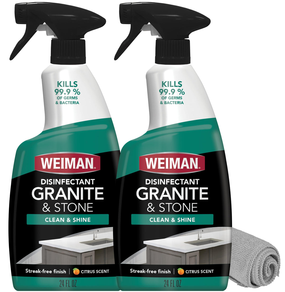 Weiman Granite Daily Clean & Shine bottle pour disinfecting a granite counter