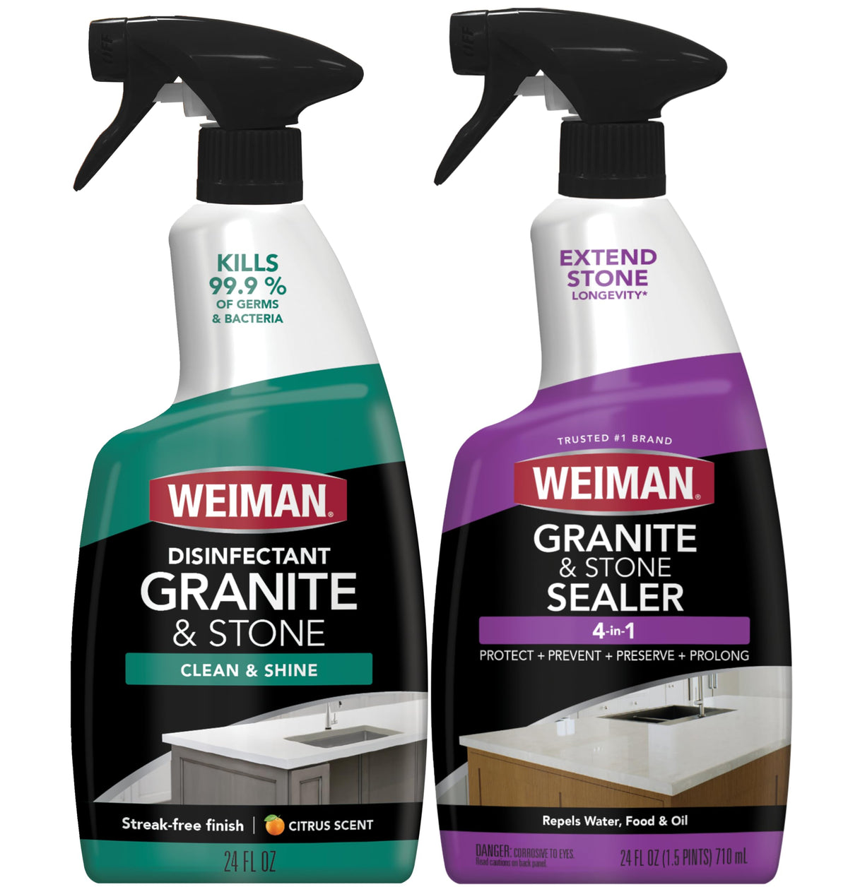 Weiman disinfecting granite cleaner bottle spraying on a kitchen counter for daily disinfection
