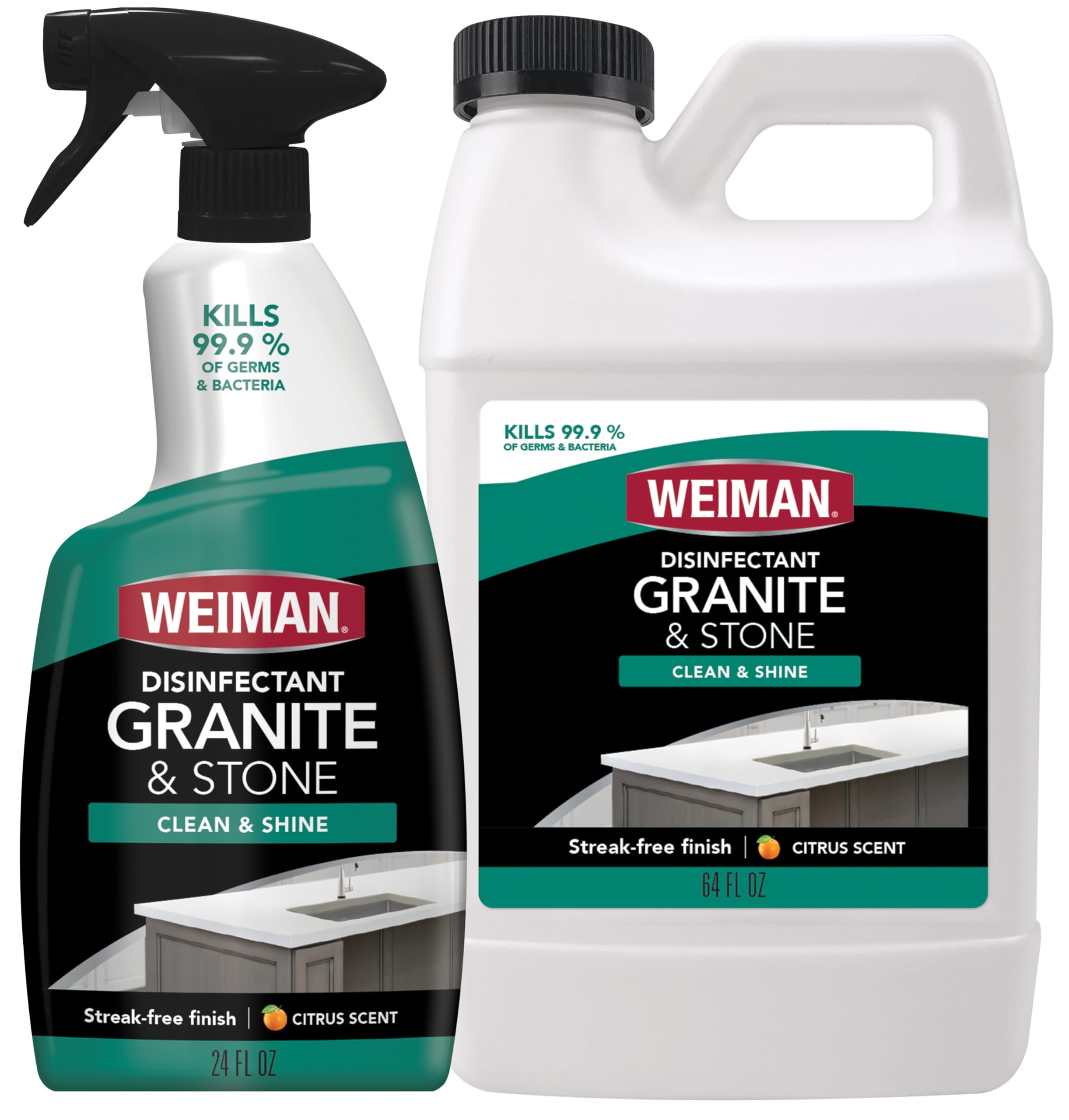 Weiman disinfecting granite cleaner spray bottle ready to wipe countertops