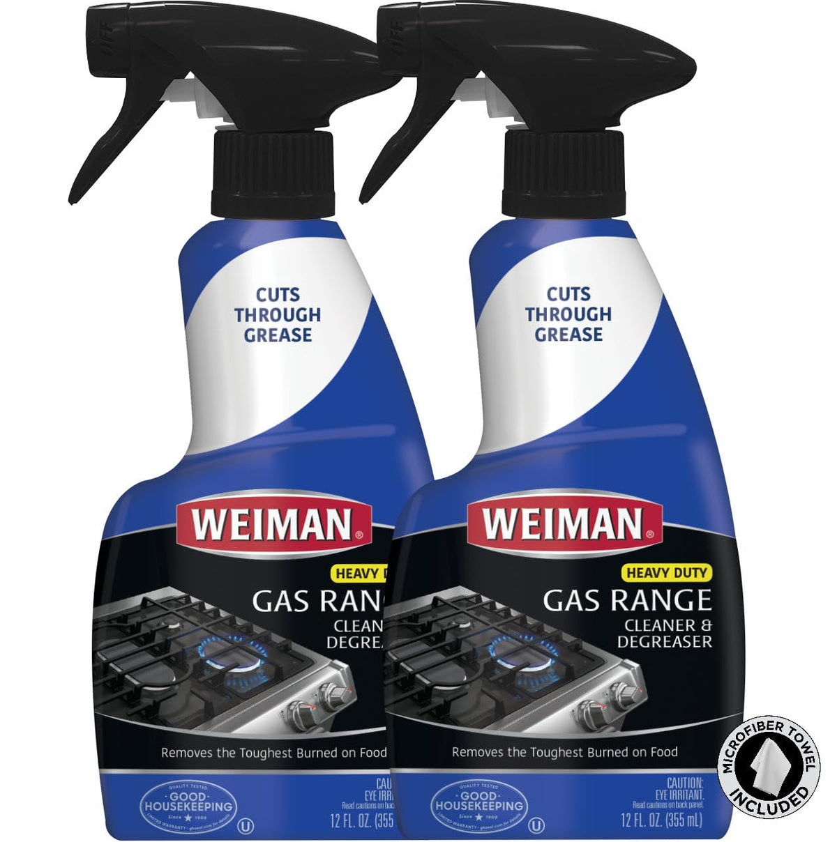 Weiman gas range cleaner bottle restoring a gleaming stovetop surface.